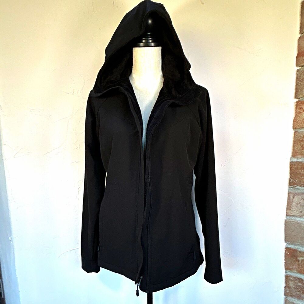 Faux Fur Lined Black Hooded Softshell Jacket Full Zip Kirkland Women's Size S